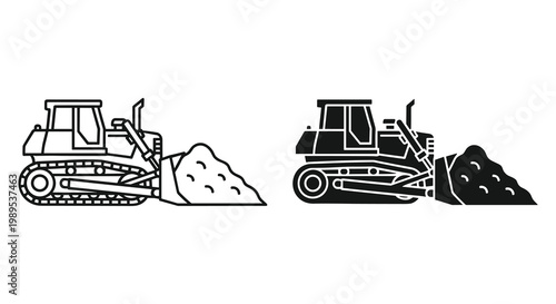 Bulldozer icon set with outline and solid glyph styles, heavy construction machinery, white background