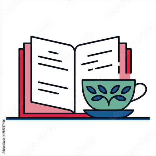 Open book and teacup illustration Keywords: book, open book, reading, tea, teacup, saucer, drink