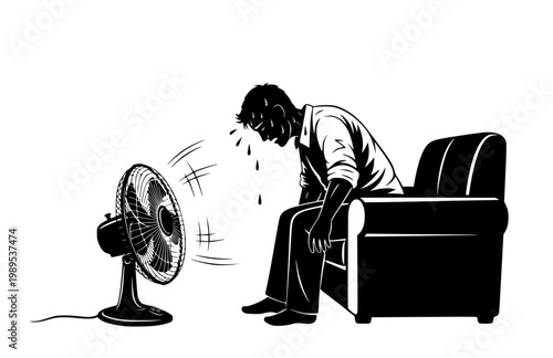 Sweaty Man Suffering From Heat Wave on Sofa with Fan. Black Vector Silhouette of Domestic Discomfort and Exhaustion in Summer.