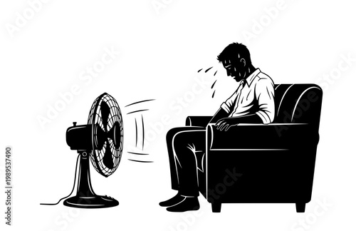 Sweaty Man Suffering From Heat Wave on Sofa with Fan. Black Vector Silhouette of Domestic Discomfort and Exhaustion in Summer.