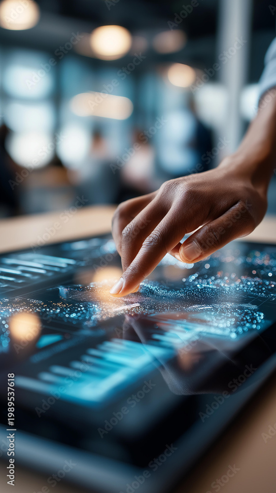 Fototapeta premium Close up of a hand on a holographic ai business analysis interface processing data from various business domains cool blue holographic glow defocused bright modern office with