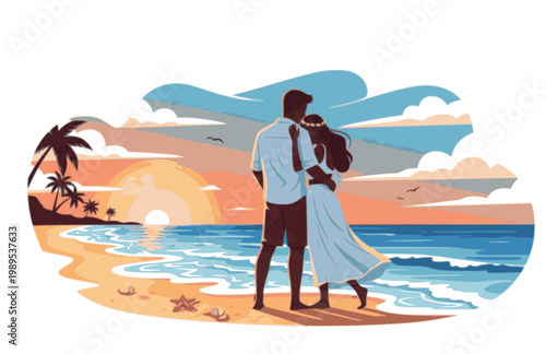 Couple on Honeymoon by the Ocean and Romantic Beach. Black Vector Silhouette of Love, Vacation and Summer Travel for Newlyweds.