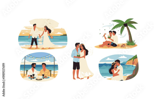 Couple on Honeymoon by the Ocean and Romantic Beach. Black Vector Silhouette of Love, Vacation and Summer Travel for Newlyweds.