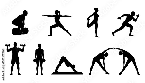 A versatile collection of black silhouettes showing individuals engaged in diverse fitness and workout activities.