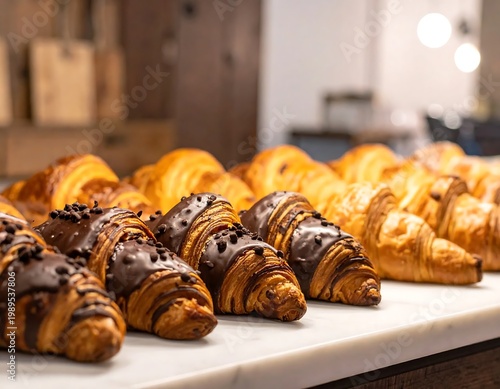 Freshly Baked Chocolate And Butter Croissants On A White Marble Counter In A Warm Cafe Setting With A Shallow Depth Of Field