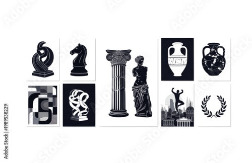 Art Posters with Roman Column Greek Sculpture and Chess Horse. Black Vector Silhouette Exhibition Graphic for Classic and Modern Art.