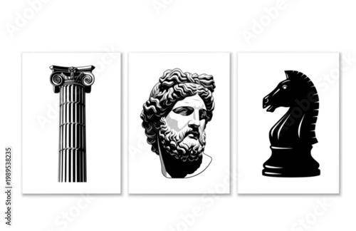 Art Posters with Roman Column Greek Sculpture and Chess Horse. Black Vector Silhouette Exhibition Graphic for Classic and Modern Art.