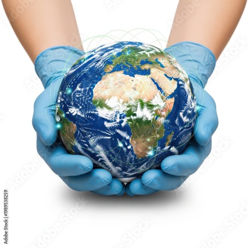A close up view of medical gloved hands gently holding the planet earth on a plain white background
