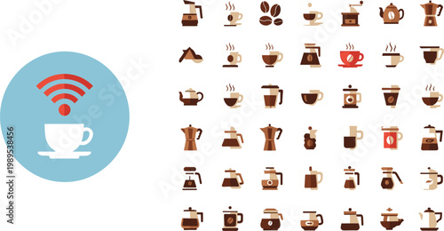 Flat Coffee Shop Icon Set with Wifi Cup Moka Pot Grinder Kettle Espresso Bean and Brewing Equipment for Cafe Design