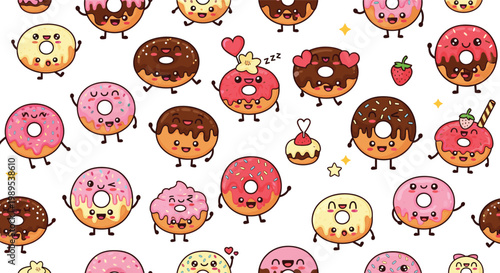 Cute Kawaii Donut Seamless Pattern with Funny Cartoon Characters, Sweet Dessert Illustration Featuring Colorful Glazed Doughnuts, Sprinkles, Hearts, and Playful Expressions