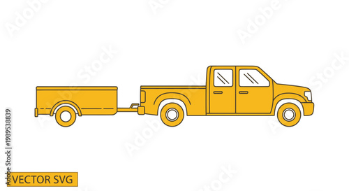 Yellow Pickup Truck Towing a Trailer, Vector Illustration