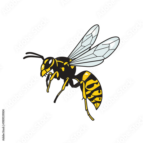 Flying wasp with yellow and black stripes on body and wings
