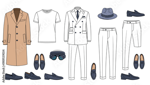 Men fashion collection includes an overcoat a double breasted suit t-shirt trousers various shoes a hat and vintage goggles.
