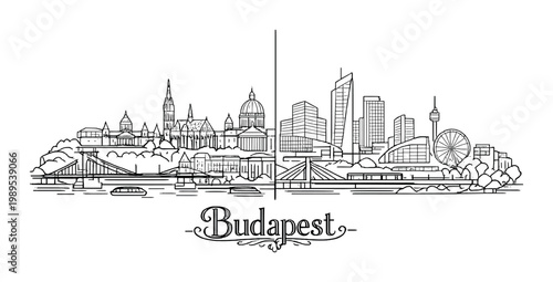 Budapest city skyline travel landmarks sketch with parliament building bridges buda pest and danube river panorama for poster banner background and tourism card design