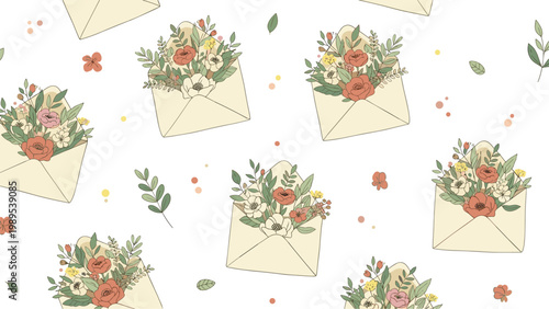 Charming seamless pattern featuring open cream envelopes filled with beautiful wildflower arrangements and delicate green leaves on white.