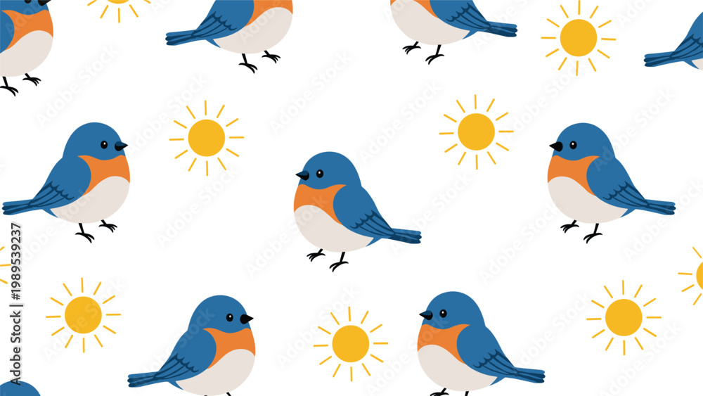 Fototapeta premium Delightful seamless pattern featuring cute little blue birds with orange breasts and bright yellow suns on a clean white background.