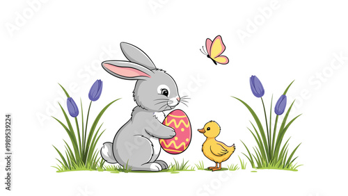 Charming spring scene featuring a cute gray bunny with a pink easter egg, a fuzzy yellow duckling, and a butterfly in a garden.