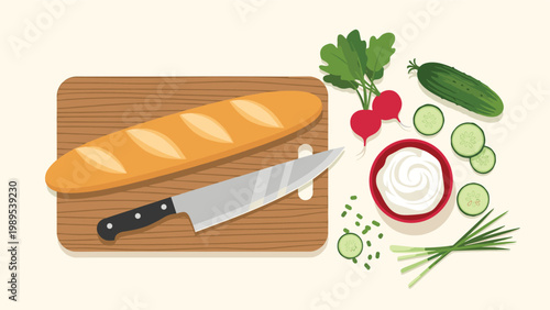 Fresh food preparation scene with a long baguette on a cutting board, a sharp knife, radishes, cucumbers, and a bowl of dip.