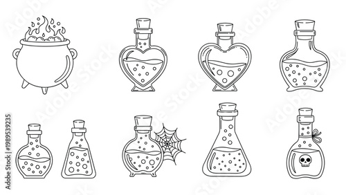 Set of magical potion bottle outlines and a bubbling cauldron in a black and white line art style for fantasy and halloween themes.
