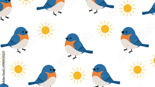 Delightful seamless pattern featuring cute little blue birds with orange breasts and bright yellow suns on a clean white background.