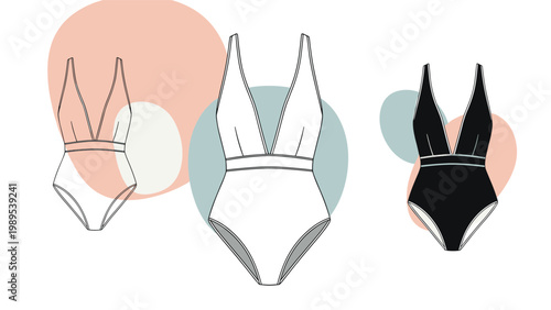 Trio of elegant one-piece swimsuits, presented in detailed line art and a solid black design, gracefully set against a backdrop of abstract, pastel-colored organic shapes.