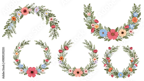 Collection of five delicate floral wreaths and semi circular arrangements featuring colorful wildflowers and lush green foliage.