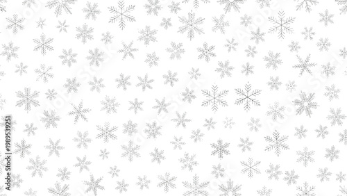 Simple and elegant seamless pattern of various delicate snowflake designs in black line art on a clean white background for winter.
