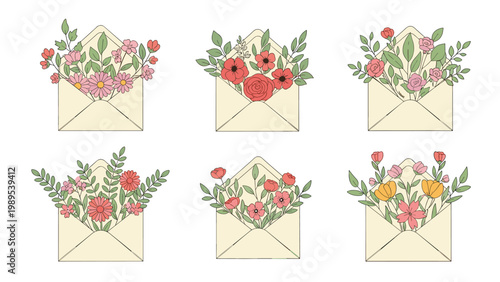 Set of six cream colored envelopes overflowing with beautiful and colorful floral arrangements of various spring flowers.