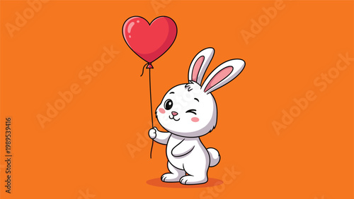 Cute white rabbit stands on a bright orange background holding a red heart-shaped balloon while winking to express love and holiday joy.