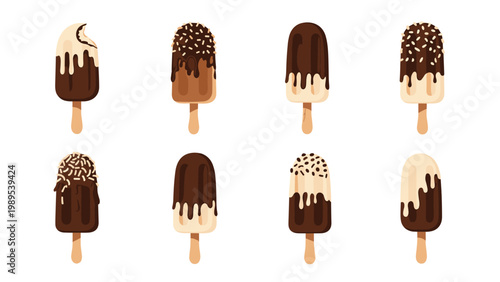 Collection of eight chocolate and vanilla ice cream bars on wooden sticks are decorated with crunchy nut toppings and delicious sweet glazes.