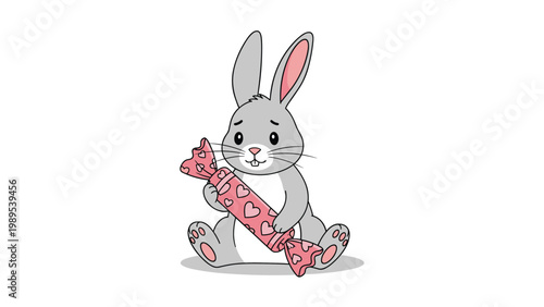 Gray bunny with a worried expression sits and clutches a large pink candy wrapped in heart-patterned paper for a sweet holiday illustration.