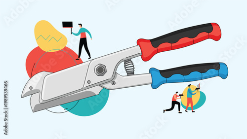 Huge pair of metal pliers is being worked on by tiny cartoon people using flags and tools in an abstract creative conceptual illustration.