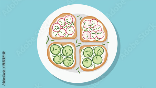 Delicious open-faced sandwiches topped with fresh radish and cucumber slices are arranged neatly on a white ceramic plate over a blue surface.