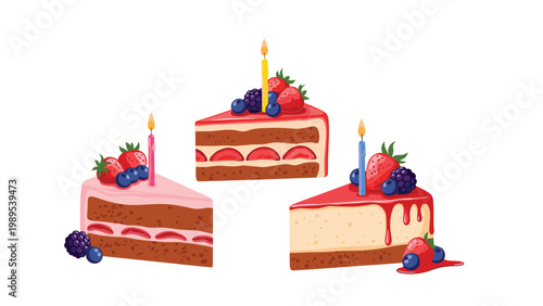 Three slices of gourmet layer cake are decorated with fresh strawberries, blueberries, and blackberries and topped with glowing birthday candles.