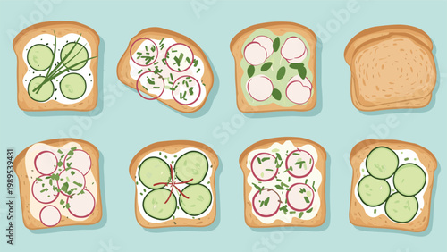 Assortment of healthy breakfast toasts features many variations of radish and cucumber toppings on crusty bread slices over a light blue area.
