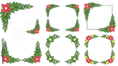 Collection of floral frames and corner decorations uses green leaves and red blossoms to create elegant borders for invitations and greeting cards.