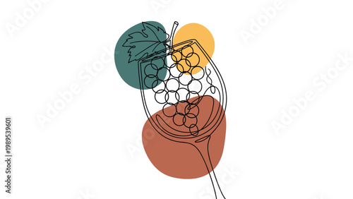 Stylized line drawing of a bunch of grapes contained within the shape of a wine glass with organic colorful shapes in background.