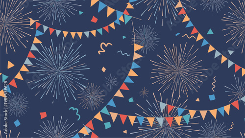 Celebration seamless pattern featuring vibrant fireworks colorful bunting flags and festive confetti on a dark blue background.