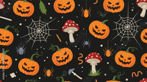 Spooky Halloween seamless pattern featuring carved jack-o-lantern pumpkins spider webs and red mushrooms on a black background.