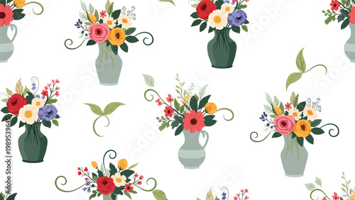 Seamless pattern of colorful flower bouquets arranged in different ceramic vases scattered over a clean white background.