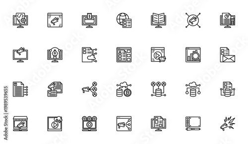 Digital Service icon set. Vector icons pack for Script, Website, Online Payment, Ebook, SEO, Blog, Ads, Cloud Computing, Cryptocurrency and more. Editable stroke.