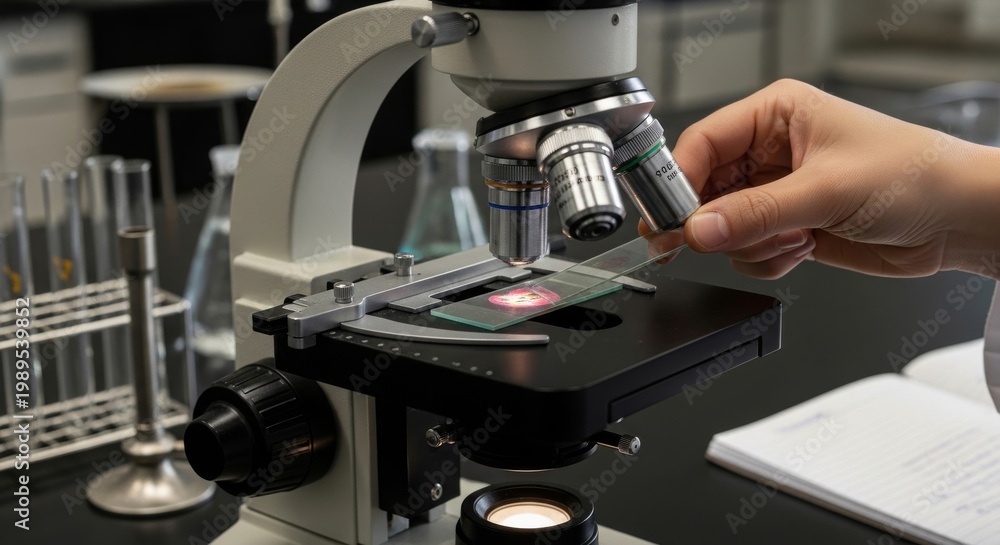 Fototapeta premium Student Hand Places Slide Under Microscope in Lab