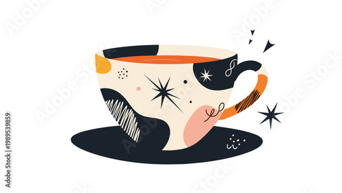 Abstractly designed teacup and saucer adorned with modern patterns and whimsical star-like sparkles, perfect for a cozy beverage moment.