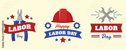 Labor day celebration with construction tools and patriotic red white and blue