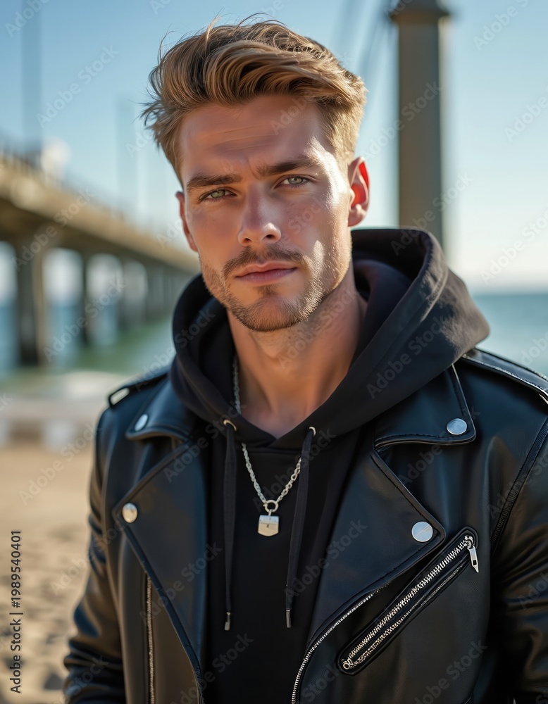 Fototapeta premium Blond man with beard wears black leather jacket and hoodie. He stands on beach near pier. Ocean and clear sky in background. He looks at camera.