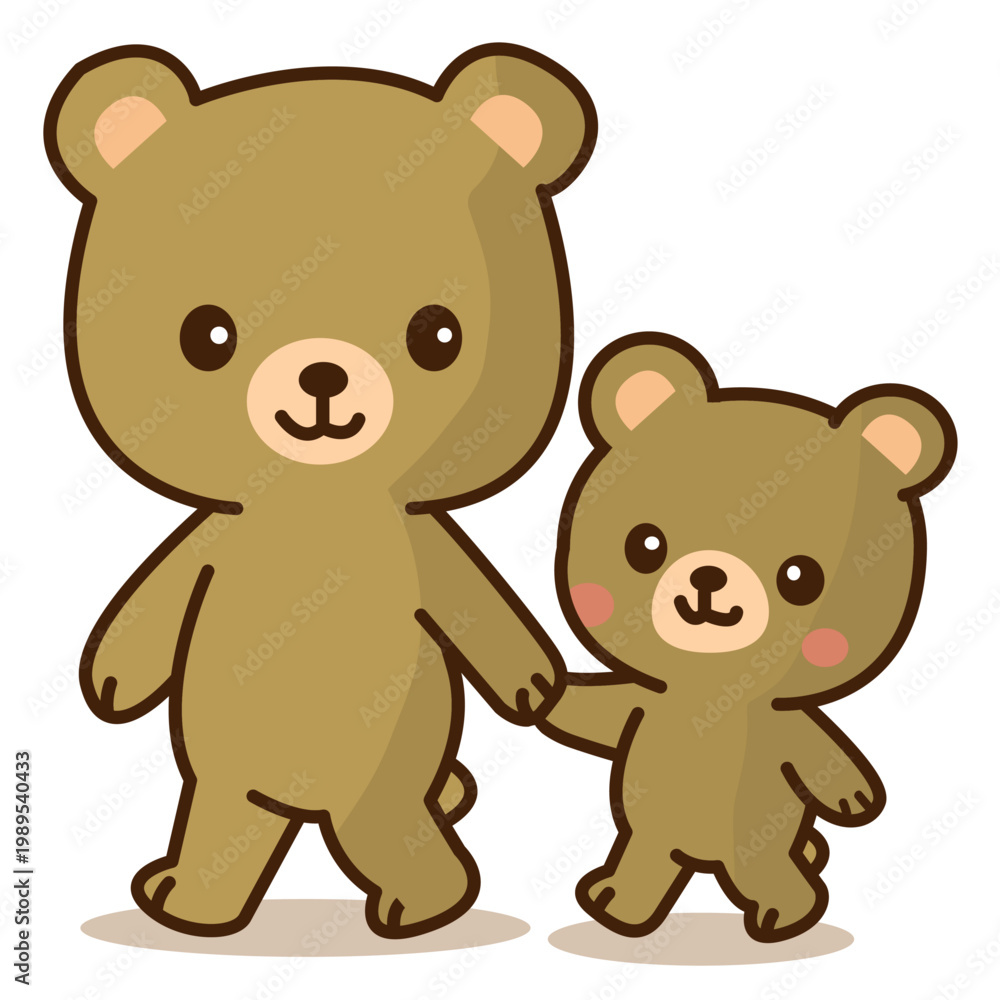 Obraz premium Kawaii Mother Bear and Cub Holding Hands