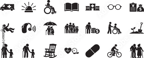 Elderly icon set editable vector eps for senior care, retirement, healthcare and aging population concept design