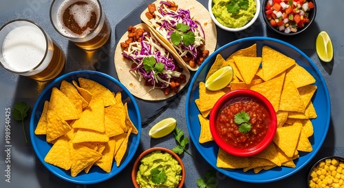 Cinco de mayo feast authentic mexican food platter with tacos chips and salsa