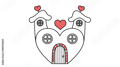 Whimsical line art illustration of a charming heart-shaped house, complete with two small towers and decorative hearts on top.