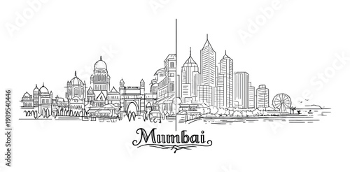 Mumbai city skyline sketch showing colonial gateway of india and modern skyscrapers for travel poster background and design